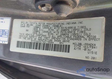 2004 Toyota Sienna Ce/Le из США, поврежденный, VIN 5TDZA23C74S176584